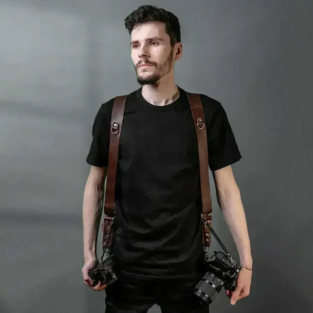 Kožený popruh na dva fotoaparáty N - hnědý