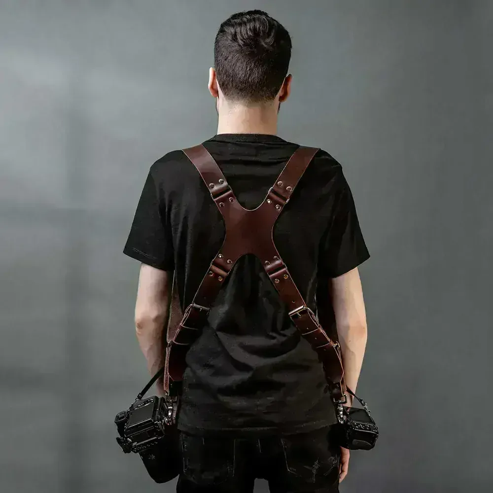 Kožený popruh na dva fotoaparáty N - hnědý